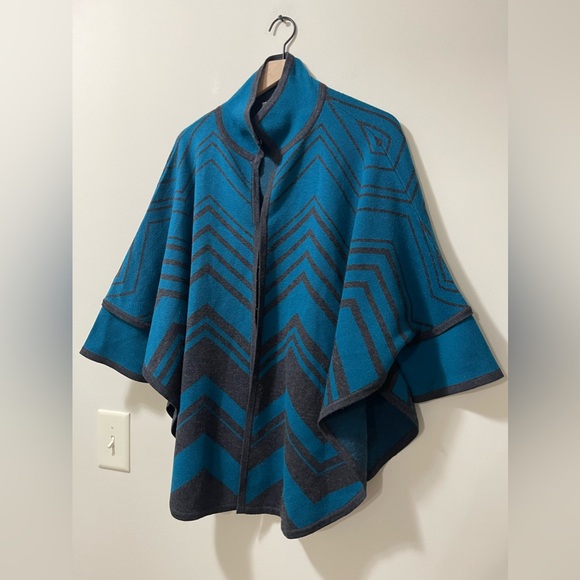 Pendleton Teal Blue Green Charcoal Gray Chevron Kimono Merino Wool Medium Large - Picture 5 of 7